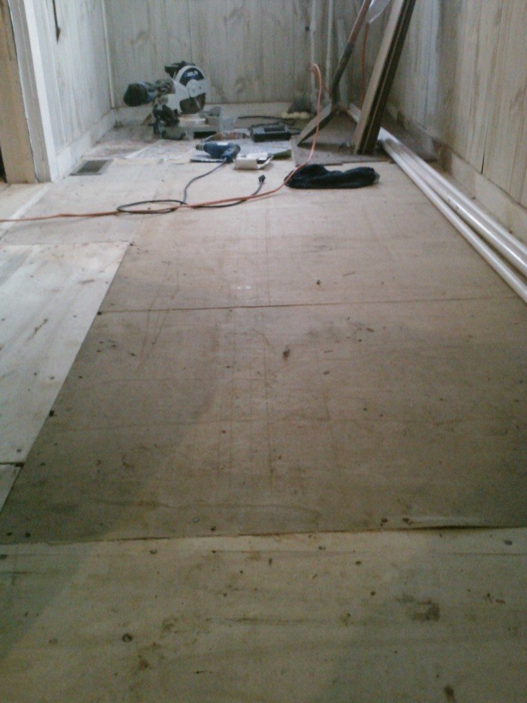 The sub-flooring in our mud room. All done with pallet wood.