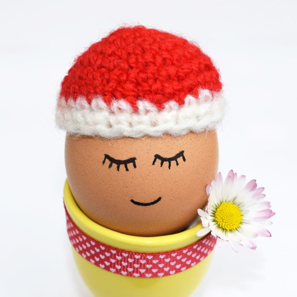 Cute chicken egg in a little flower pot with a crochet hat