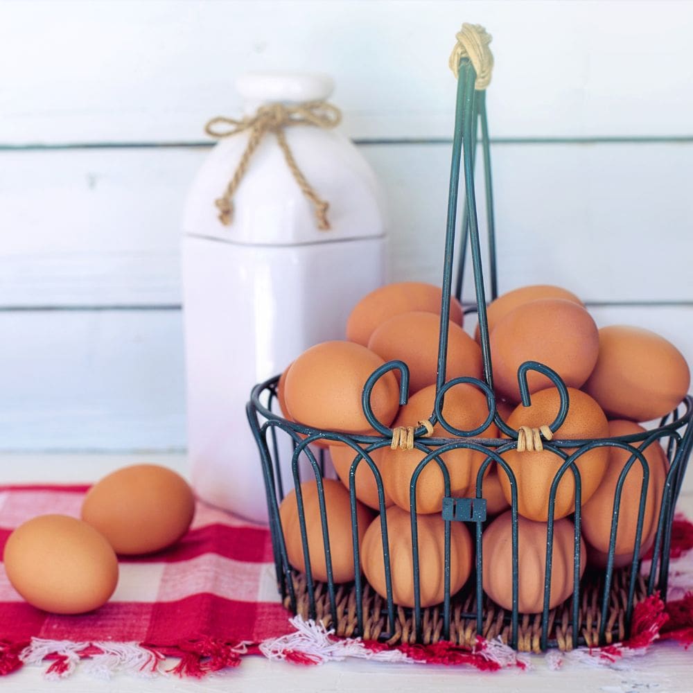 Wire basket filled with eggs on red checked cloth
